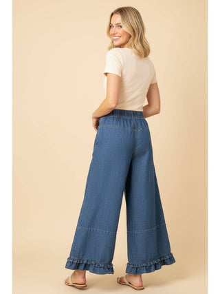 Ruffle Hem Wide Leg Cropped Denim Pants