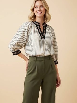 Striped V-Neck Blouse with Contrast Geometric Trim