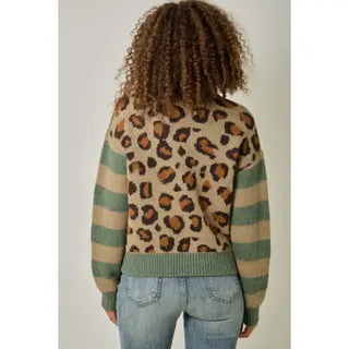 Leopard Jacquard Striped Sleeve Button Front Cardigan
