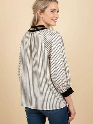Striped V-Neck Blouse with Contrast Geometric Trim