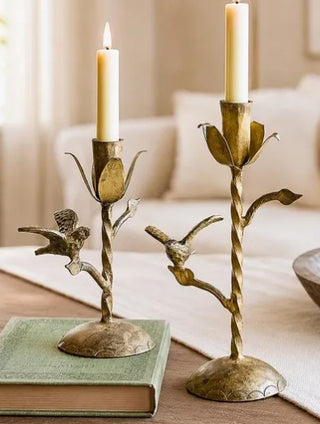 Pre Order (Oct) Set of 2 Antique Gold Bird Candle Holders