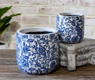 Set of 2 Blue Floral Garden Pots