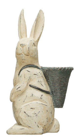 Resin Rabbit with Basket, Distressed Finish, Antique White & Grey, Style Options