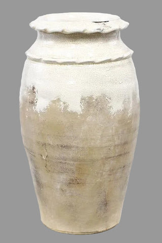 White and Tan Crackle Glazed Round Vase with Waffle Trim