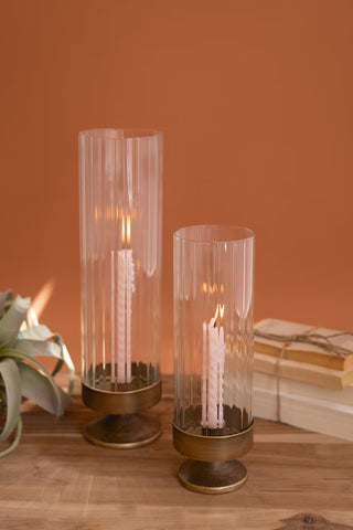Pre Order (Sept) Set of 2 Antique Metal & Glass Ribbed Candle Hurricanes