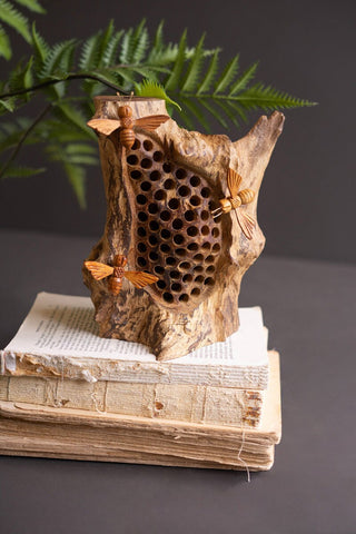 Pre Order (Aug) Rustic Tabletop Wood Sculpture w/Hand-Carved Bees