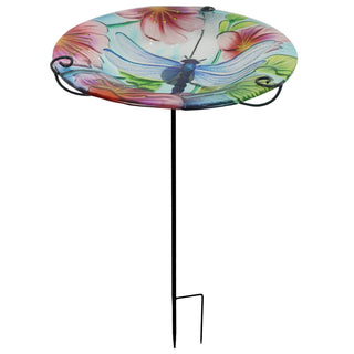 Dragonfly Pattern Glass Bird Bath Garden Stake