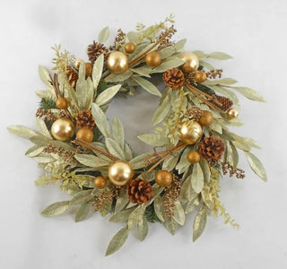 24" Bay Leaf w/ Gold Ornaments, Berry, Cone and Twig Elegance Wreath