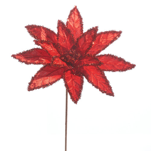 26" Red Tinsel Edge Poinsettia Stem