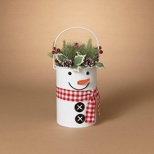 15.75"H Lighted Metal Snowman Bucket with Floral Accent