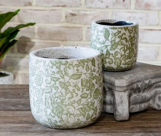 Set of 2 Green Floral Garden Pots
