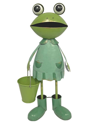 Green Metal Frog Statue Holding Bucket