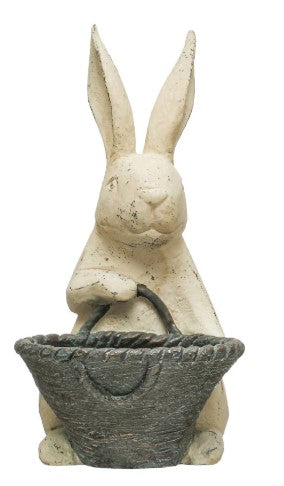 Resin Rabbit with Basket, Distressed Finish, Antique White & Grey, Style Options