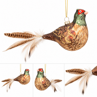 Glass Bird Ornament Bronze & Green Tones With Feather Tail