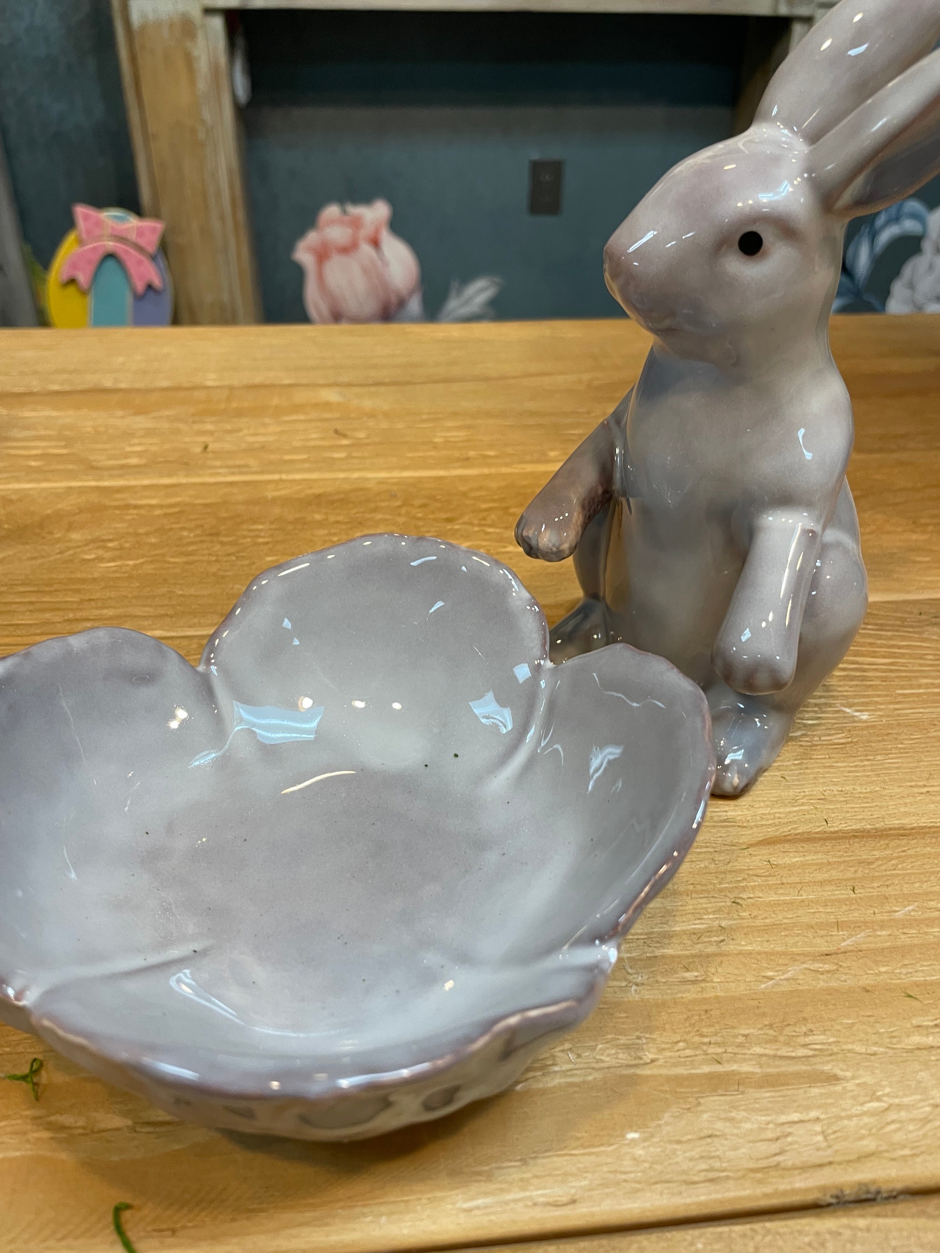 Stoneware Rabbit with Flower Shaped Bowl