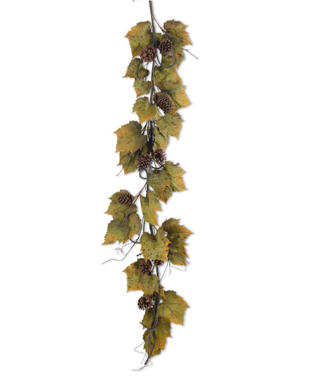 56" Green & Orange Trim Grape Leaves Garland with Twig and Pinecone