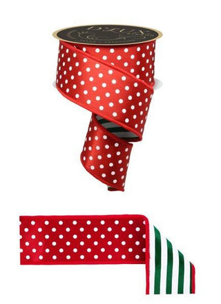 White Polka Dot /Green Stripe Ribbon 10YD