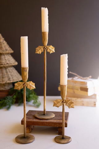 Forged Iron Antique Gold Holly Taper Candle Holder, 3 Size Options