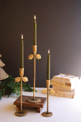Forged Iron Antique Gold Holly Taper Candle Holder, 3 Size Options