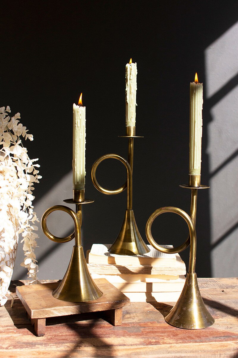 Antique Brass Trumpet Taper Candle Holders, Size Options