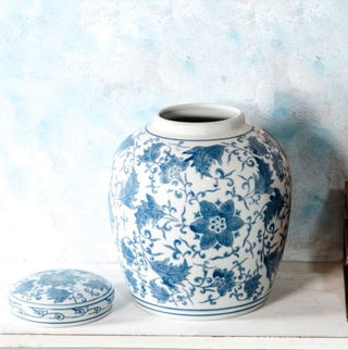 Pre Order 9.4" Blue Floral Porcelain Jar w/ Lid