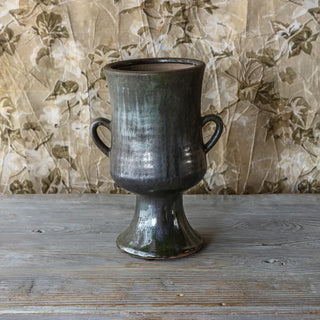 Aged Olive Dripped Glaze Pottery Urn