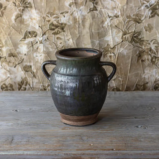 Small Aged Olive Dripped Glazed Pottery Jardinere