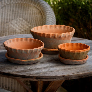 Short Pie Crust Antiqued Red Clay Pots w/ Saucer, 3 Size Options