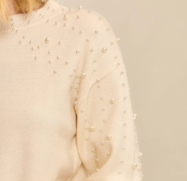 Pearl Studded Lantern Sleeve Knit Sweater
