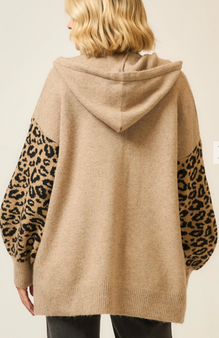 Hooded Leopard Print Contrast Cardigan with Pockets