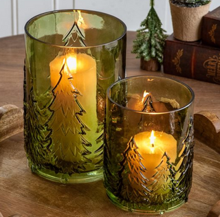 Set of 2 Green Glass Tree Candle Holders
