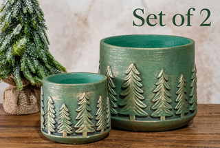 Set of 2 Green Tree Cement Planters