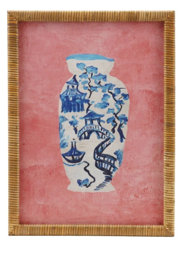 Oriental Vase Glass Framed Rattan Wrapped Wood Print, 2 Style Options