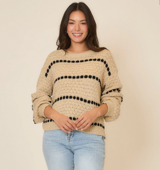 Spot Stripe Balloon Sleeve Knit Sweater
