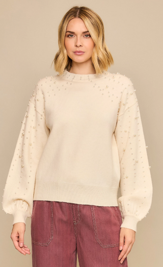 Pearl Studded Lantern Sleeve Knit Sweater