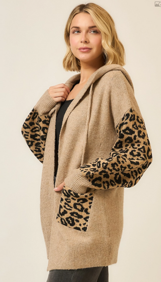 Hooded Leopard Print Contrast Cardigan with Pockets