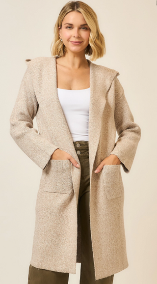 Hooded Brushed Knit Open Cardigan