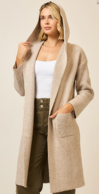Hooded Brushed Knit Open Cardigan