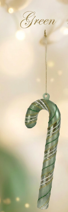 Glass Candy Cane Ornament with Stripes & Glitter, 2 Color Options