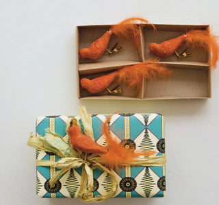 Set of 4 Hand-Painted Orange Glass & Feather Clip-on Bird Ornament