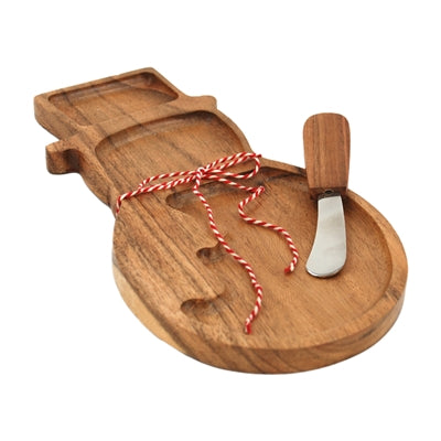 Wooden Snowman Cheese Tray and Knife Set