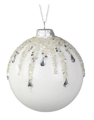 4" White Glass Ball Ornament with Teardrop Embellishments