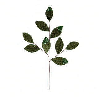 Green Velvet & Glitter Magnolia Leaf Spray