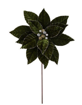 Dark Green Velvet & Glitter Poinsettia Stem