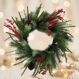 Mixed Pine, Pinecone & Red Berry Wreath, 24 Inch