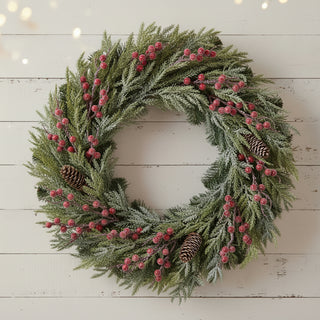 30" Snowed Ming Pine & Berry Wreath