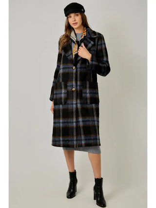 Midnight Blue Brushed Plaid Long Coat