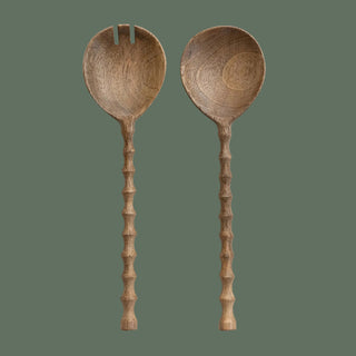 Carved Handle Mango Wood Salad Servers