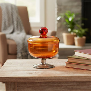 Amber Glass Footed Jar with Lid
