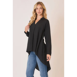 Dramatic Hi-Low Hem V-Neck Single Pleat Blouse